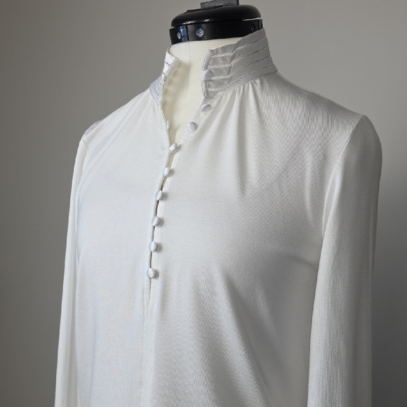 Tristan White Satin Trim Blouse – Minimalist Chic Long Sleeve Top – Size XS - Picture 2 of 9
